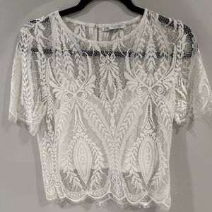Zara White Lace Mesh Short-Sleeve Top Women’s Medium